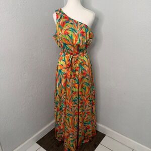 Nicole Miller New York One Shoulder Tropical Leaf Maxi Dress Orange Green 10